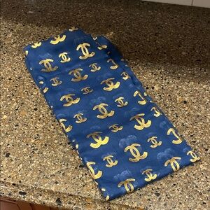Chanel Inspired Blue and Metallic Gold CC Wrap Scarf 71” X 29”